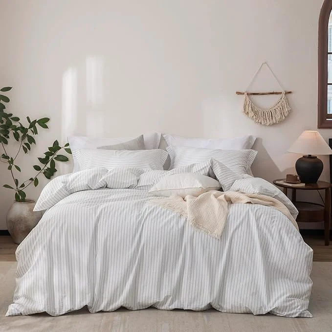 Natural Stripe Linen Feel Duvet Cover King Size 104inch x 90inch Washed Cotton Duvet Cover with Zipper Closure and 2 Pillowcases Stripe of White-Cornflower Blue World-Class