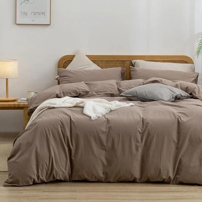 Eco-Friendly OUCH Duvet Cover Set Washed Cotton Linen Feel Super Soft Comfortable Chic Lightweight 3 PCs Home Bedding Set Solid Pine Bark Brown Cal King Elegant