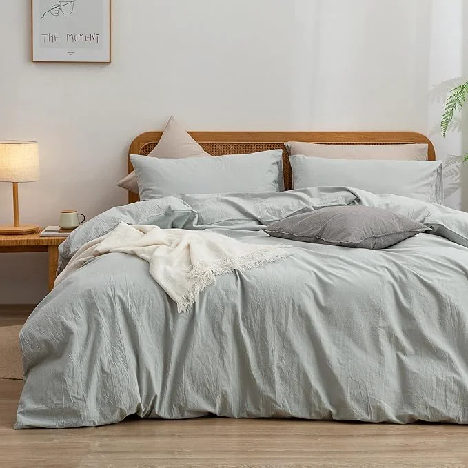 Classic OUCH Duvet Cover Set Washed Cotton Linen Feel Super Soft Comfortable Chic Lightweight 3 PCs Home Bedding Set Solid Northern Droplet Grey Queen Durable