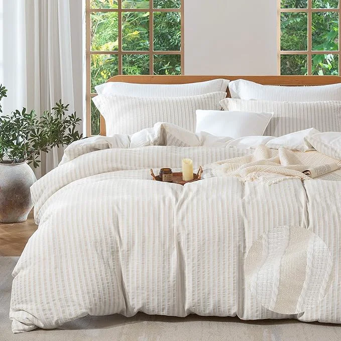 Original MILDLY Linen Grey Striped Duvet Cover - Washed Cotton Jacquard Boho Textured Comforter Cover 3pcs with Corner Ties Zipper Closure 90 quot x90 quot Exclusive