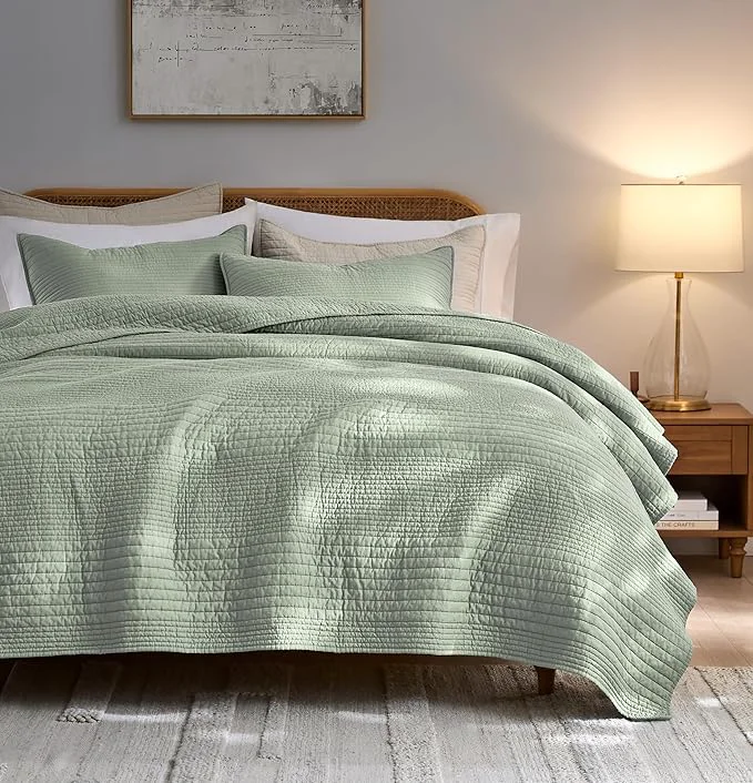 Versatile PALASSIO Striped Sage Green Cotton Quilt California Cal King Size Bedding Set Oversized Lightweight Channel Pick Stitch Textured Bedspread Soft Farmhouse Country Coverlet for All Season 2 Shams Reusable