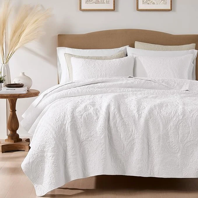 Reliable palassio White Paisley Cotton Quilt Twin Size Bedding Sets with 1 Pillow Sham Boho Floral Lightweight Farmhouse Country Vintage Soft Bedspread Shabby Chic Coverlet for All Season 2 Pieces Solid