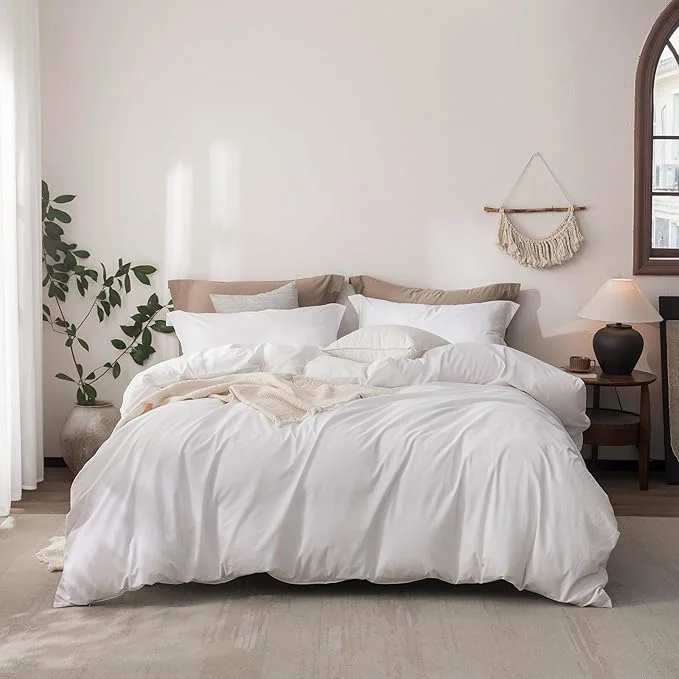 Recyclable Linen Feel Duvet Cover Queen Size 90inch x 90inch Washed Cotton Duvet Cover with Zipper Closure and 2 Pillowcases Color of Bright White User-Friendly