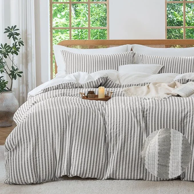 Secure MILDLY Jacquard Stripe Duvet Cover - Washed Cotton Boho Textured Comforter Cover 3pcs with Zipper Closure 90 quot x90 quot Exceptional