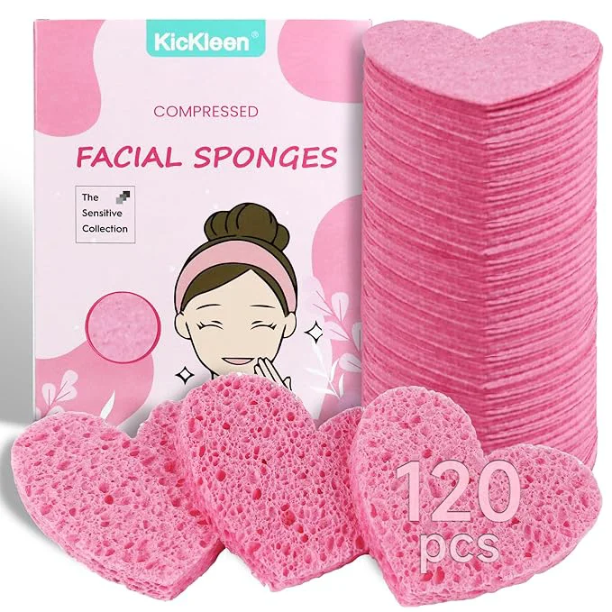 Elegant 120-Count Kickleen Compressed Cellulose Heart Shape Facial Sponges Natural Top-Quality