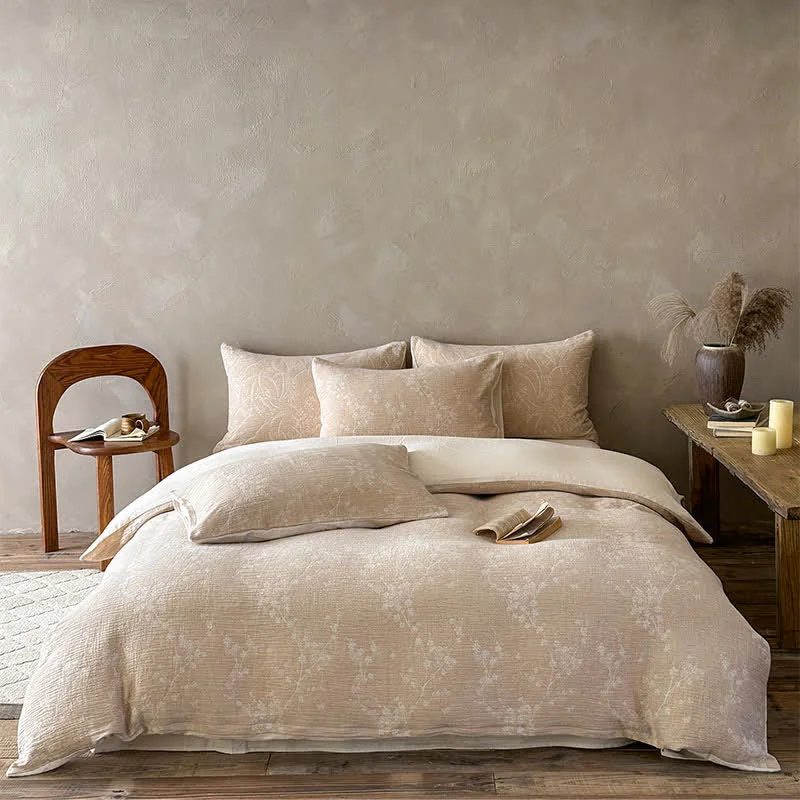 Modern Ownkoti Camel Botanical Blossom Jacquard Cotton Bedding Set Organic