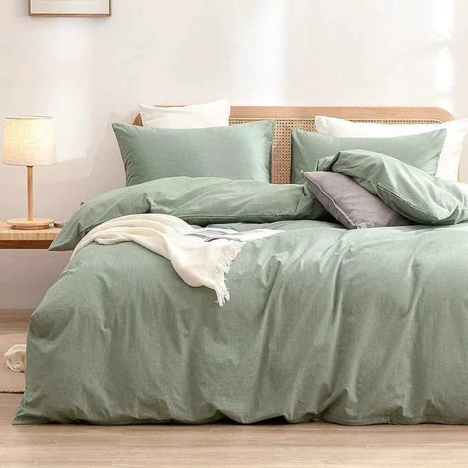 Recyclable OUCH Duvet Cover Set Washed Cotton Linen Feel Super Soft Comfortable Chic Lightweight 3 PCs Home Bedding Set Solid Green Super King Plus Versatile