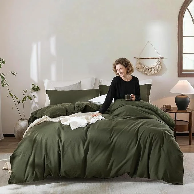 Unique Olive Green Duvet Cover Super Queen Size Washed Cotton Bedding Set Cover 1 Duvet Cover 98inch x 90inch with Zipper Closure and 2 Pillowcases Olive Green Superior
