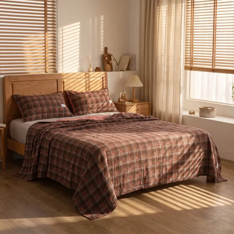 Classic Ownkoti Vintage Plaid Cotton Gauze Bedding Set Advanced