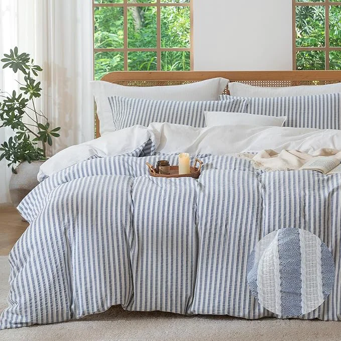 Genuine MILDLY Blue Striped Duvet Cover - Washed Cotton Jacquard Textured Comforter Cover with Dual Zipper Closure amp 8 Coner Ties Traditional