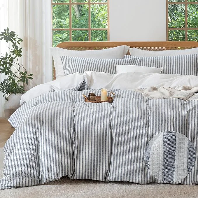Minimalist MILDLY Striped Duvet Cover Set - Washed Cotton Charcoal Grey Boho Jacquard Textured Comforter Cover 3pcs with Zipper Closure 80 quot x90 quot Casual