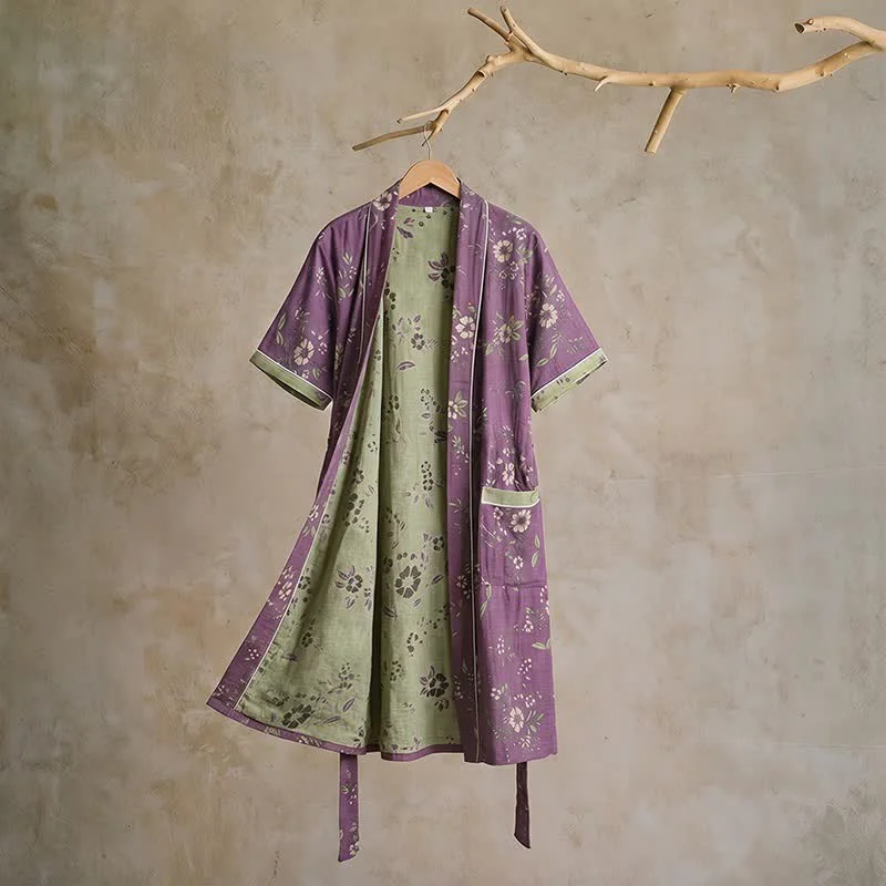 Premium Material Ownkoti Cotton Vintage Purple Floral Kimono Robe Lightweight