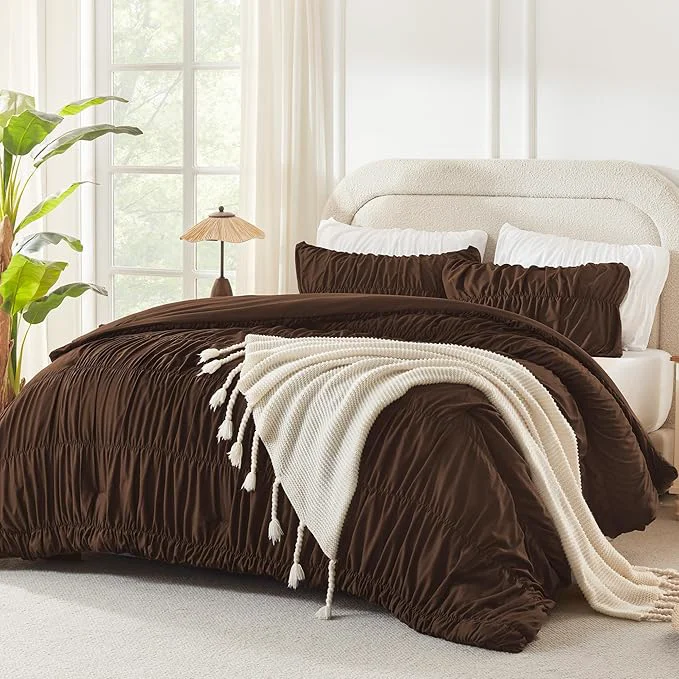 Top-Quality Andency Ruched Brown Twin Size Comforter Sets Shabby Chic Pleated Bedding Sets 2 Pieces Lightweight Soft Boho Ruffle Bed Set for Girls Kids Women All Season Fashionable