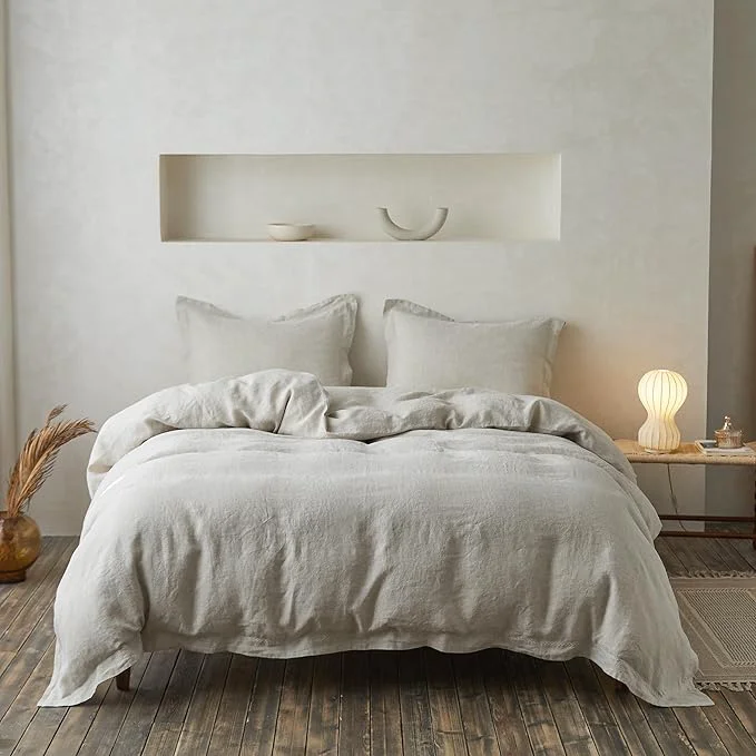 Next-Generation Simple amp Opulence Linen Duvet Cover Set with Crossed Embroidery Washed - 3 Pieces 1 Duvet Cover with 2 Pillow Shams Soft Breathable Farmhouse - Linen Queen Size Quality