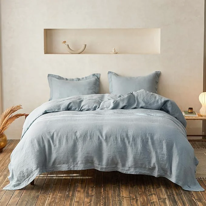Specialty Simple amp Opulence Linen Duvet Cover Set with Crossed Embroidery Washed - 3 Pieces 1 Duvet Cover with 2 Pillow Shams Soft Breathable Farmhouse - Dusty Blue Queen Size Sophisticated