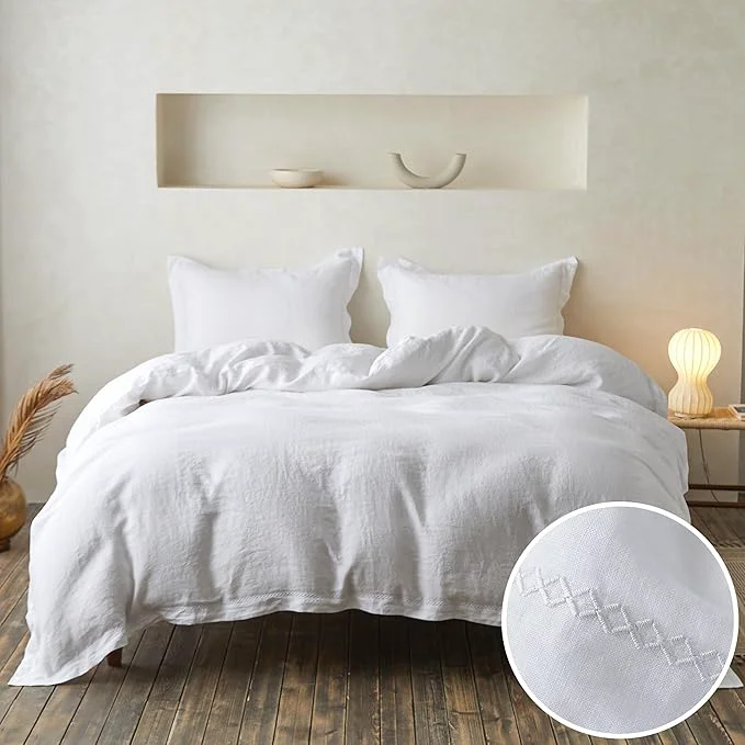 Effective Simple amp Opulence Linen Duvet Cover Set with Crossed Embroidery Washed - 3 Pieces 1 Duvet Cover with 2 Pillow Shams Soft Breathable Farmhouse - White Queen Size Contemporary