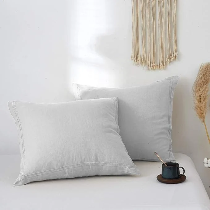 Minimalist Simple amp Opulence French Linen Euro Shams with Embroidery 26 39 39 x 26 39 39 - Pack of 2 - Pre Washed Solid Color Natural Flax Soft Breathable - Grey Artisan