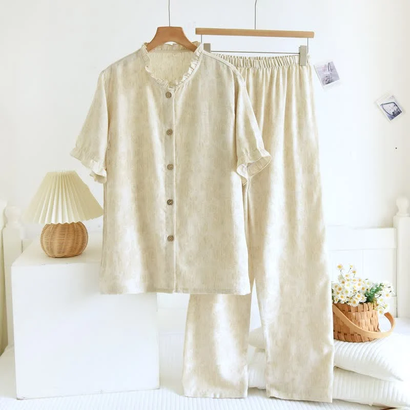 Optimized Ownkoti Ruffle Trim Cotton Linen Women 39 s Pajamas Stylish