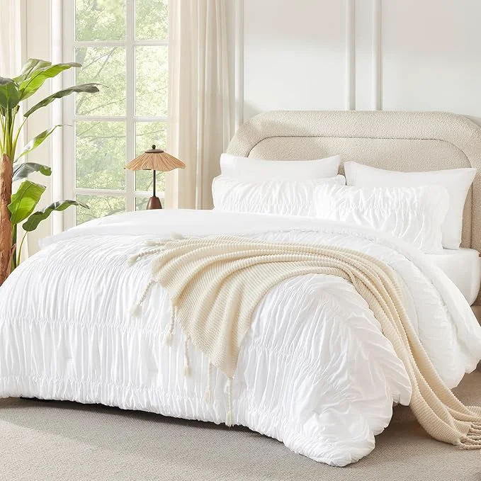 Reusable Andency Ruched White Full Size Comforter Sets Shabby Chic Pleatd Bedding Sets 3 Pieces Lightweight Soft Boho Ruffle Bed Set for Girls Kids Women All Season Genuine