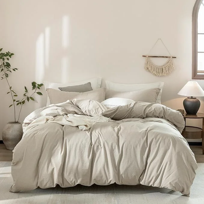 Enhanced Linen Grey Duvet Cover Super King Size 108inch x 98inch Washed Cotton Duvet Cover with Zipper Closure and 2 Pillowcases Color of New Nature Linen Smart