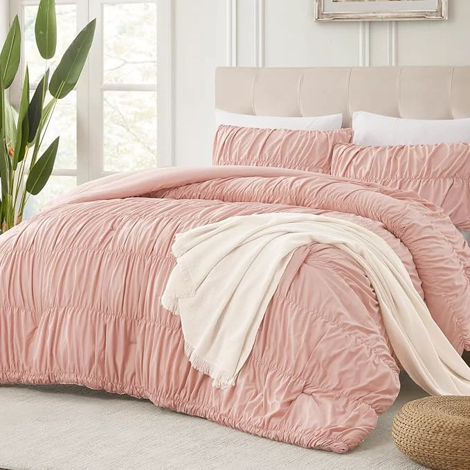 Traditional Andency Ruched Blush Pink Full Size Comforter Sets Shabby Chic Pleatd Bedding Sets 3 Pieces Lightweight Soft Boho Ruffle Bed Set for Girls Kids Women All Season Convenient