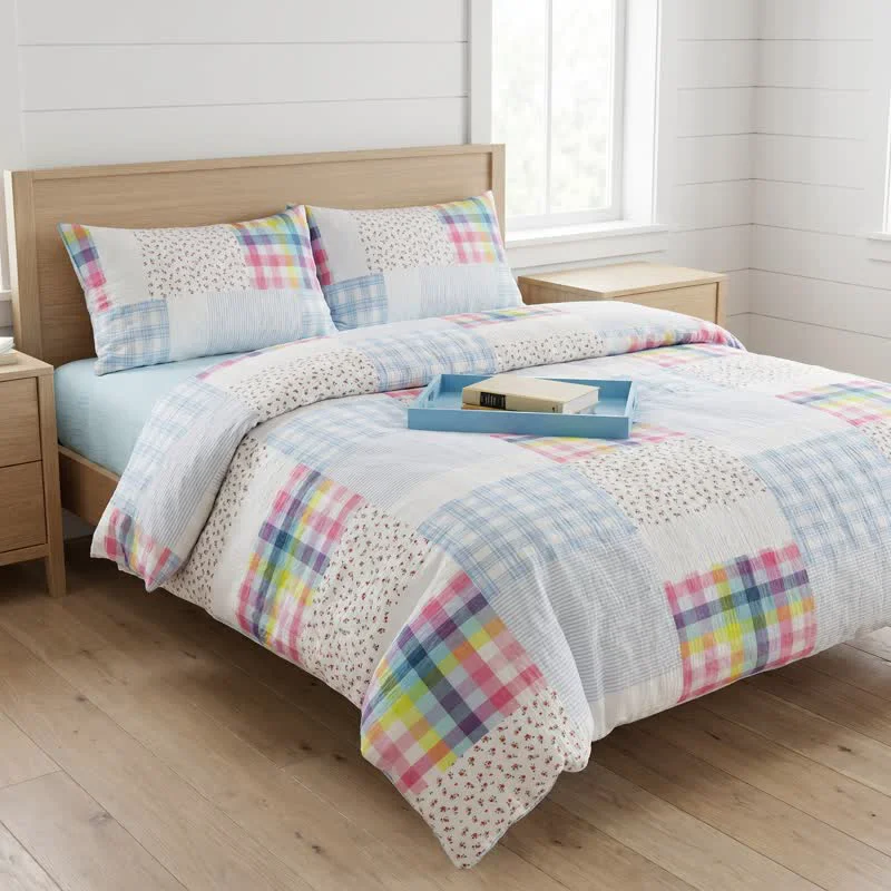 Original Design Ownkoti Rainbow Plaid Patchwork Floral Cotton Bedding Set 4PCS Optimized
