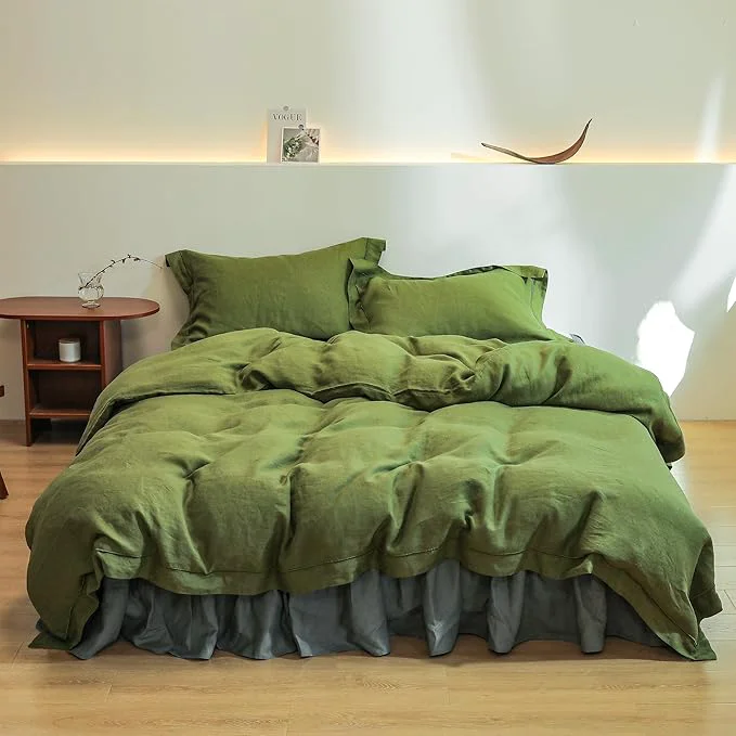 High-End Simple amp Opulence Linen Duvet Cover Set with Embroidery Border Washed - 3 Pieces 1 Duvet Cover amp 2 Pillow Shams with Button Closure Soft Breathable Farmhouse - Olive Queen Size Next-Generation