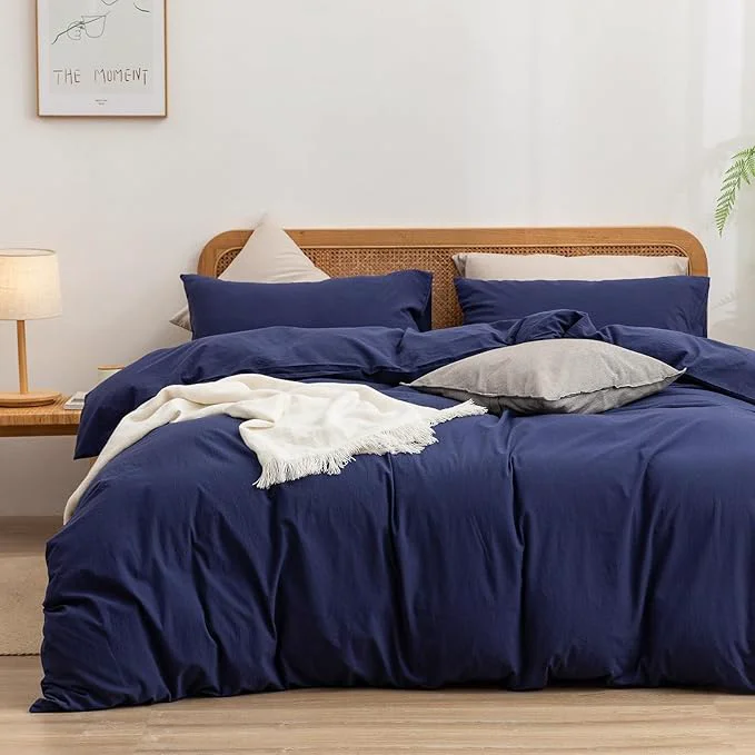 World-Class OUCH Duvet Cover Set Washed Cotton Linen Feel Super Soft Comfortable Chic Lightweight 3 PCs Home Bedding Set Solid Navy Blue Oversized Queen High-Grade