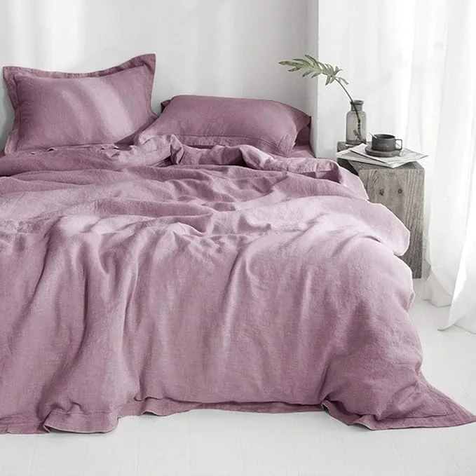Powerful Simple amp Opulence Linen Duvet Cover Set with Embroidery Border Washed - 3 Pieces 1 Duvet Cover with 2 Pillow Shams with Button Closure Soft Breathable Farmhouse - Purple Queen Size Detailed