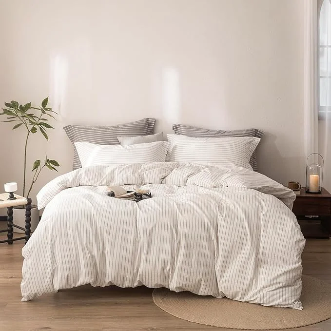 Refined Stripe Duvet Cover California King Size 104inch x 98inch Washed Cotton Linen Feel Duvet Cover with Zipper Closure and 2 Pillowcases Color of Off White-Linen Grey Stripe Safe