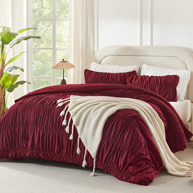 Excellent Andency Ruched Burgundy Full Size Comforter Sets Shabby Chic Pleatd Bedding Sets 3 Pieces Lightweight Soft Boho Ruffle Bed Set for Girls Kids Women All Season Original Design