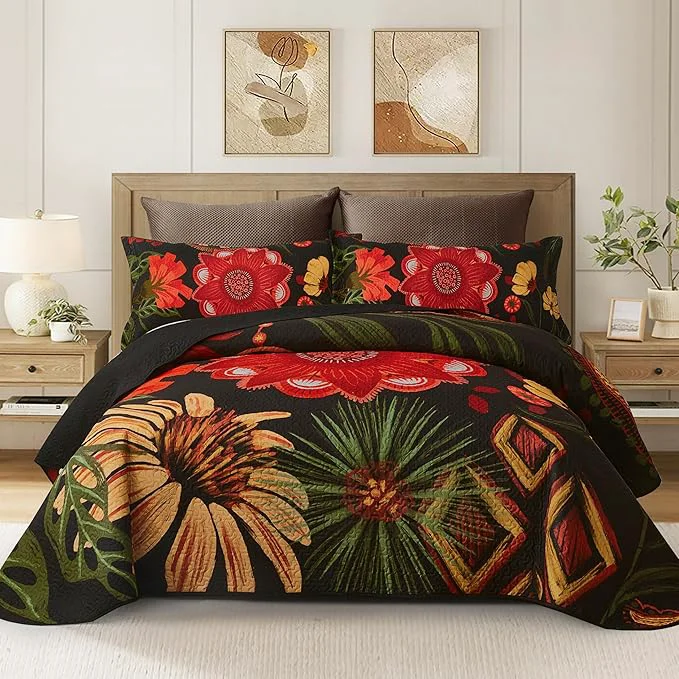 Fashionable 2 Piece Black Red Boho Floral Quilt Sets Twin Size Farmhouse Reversible Lightweight Bedspread Coverlet with 1 Sham Vintage Mid Century Microfiber Bedding Quilts Set for All Season 68 39 39 x86 39 39