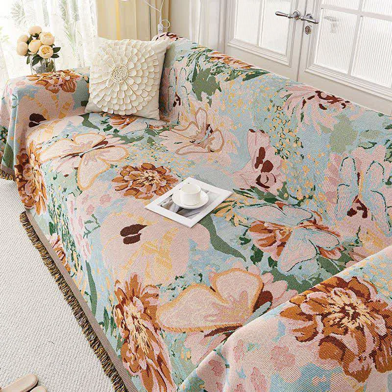 Green Ownkoti Oil Painting Floral Tassel Sofa Protector Crafted
