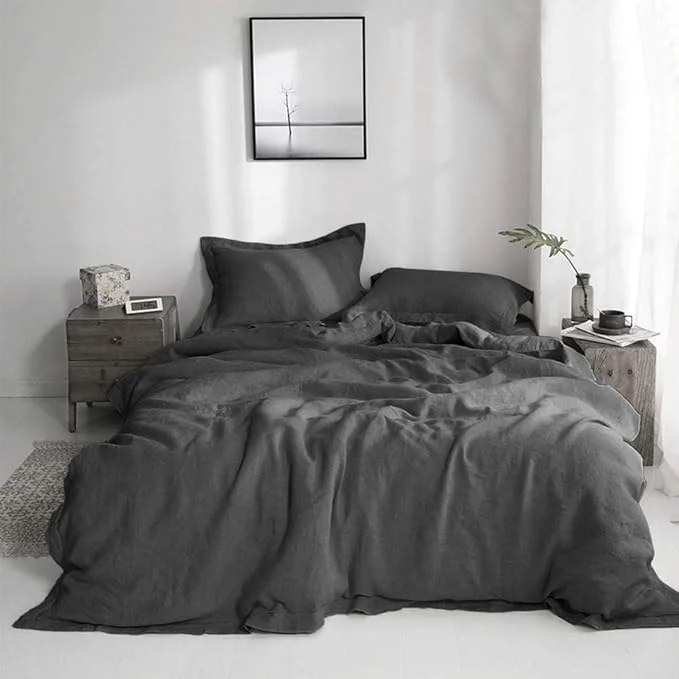 Prestigious Simple amp Opulence Linen Duvet Cover Set with Embroidery Washed - 3 Pieces 1 Duvet Cover with 2 Pillow Shams with Button Closure Soft Breathable Farmhouse - Dark Grey King Size Relaxed