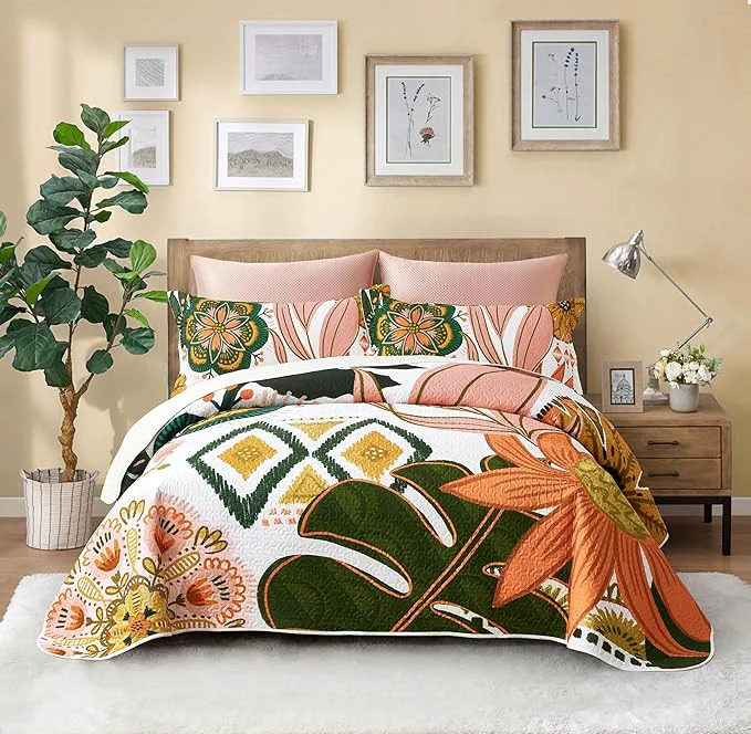 Consistent 3 Piece Boho Floral Californial King Size Quilt Sets Farmhouse Reversible Lightweight Bedspread Coverlet with 2 Shams Mid Century Leaves Microfiber Bedding Quilts Set for All Season 118 39 39 x106 39 39 High-Grade