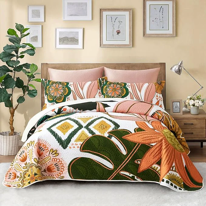 Official 3 Piece Boho Floral Full Queen Quilt Sets Farmhouse Botanical Reversible Lightweight Bedspread Coverlet with 2 Shams Mid Century Leaves Microfiber Bedding Quilts Set for All Season 90 39 39 x96 39 39 Certified