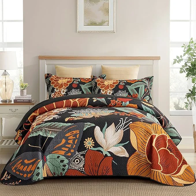 Expertly Made 3 Piece Black Boho Floral King Size Quilt Sets Reversible Farmhouse Botanical Lightweight Bedspread Coverlet with 2 Shams Butterfly Microfiber Bedding Quilts Set for All Season 106 39 39 x96 39 39 Fast