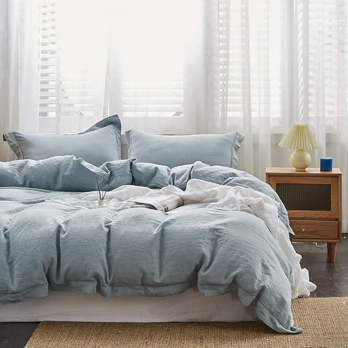 Elegant Simple amp Opulence Linen Duvet Cover Set with Embroidery Border Washed - 3 Pieces 1 Duvet Cover amp 2 Pillow Shams with Button Closure Soft Breathable Farmhouse - Dusty Blue Queen Size Trendy