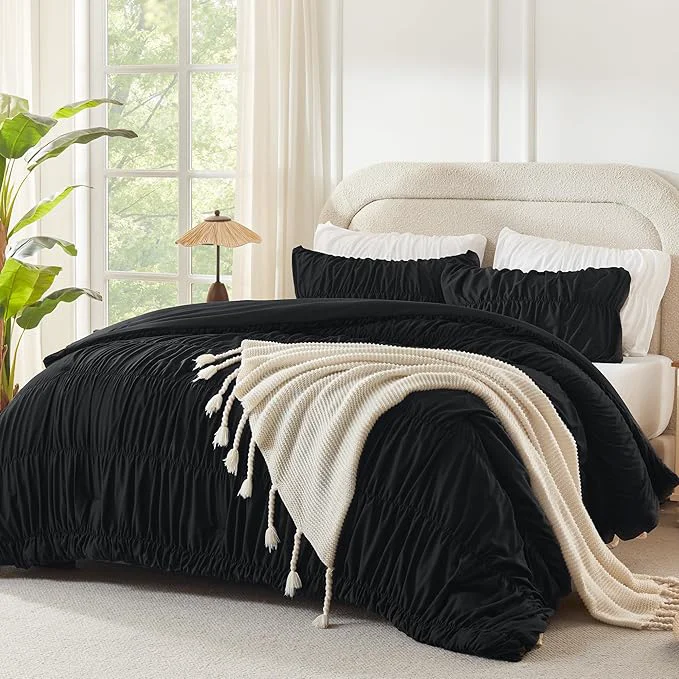 Smooth Andency Ruched Black Queen Comforter Set Shabby Chic Pleated Bedding Sets 3 Pieces Lightweight Soft Boho Ruffle Bed Set for Girls Kids Women All Season Crafted