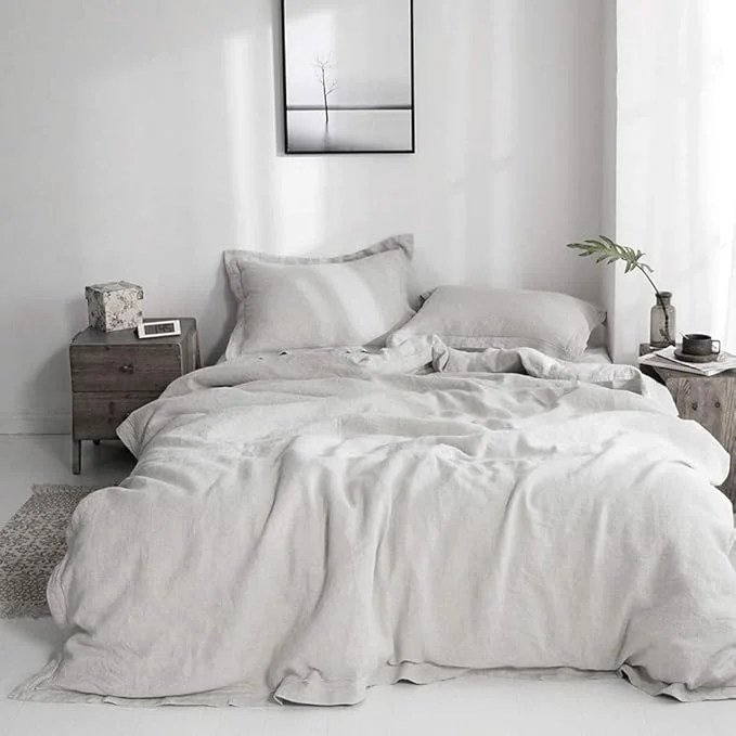 Carefully Designed Simple amp Opulence French Flax Linen Duvet Cover Set with Embroidery Washed - 3 Pieces 1 Duvet Cover with 2 Pillow Shams with Button Closure Soft Breathable Farmhouse - Light Grey King Size Organic