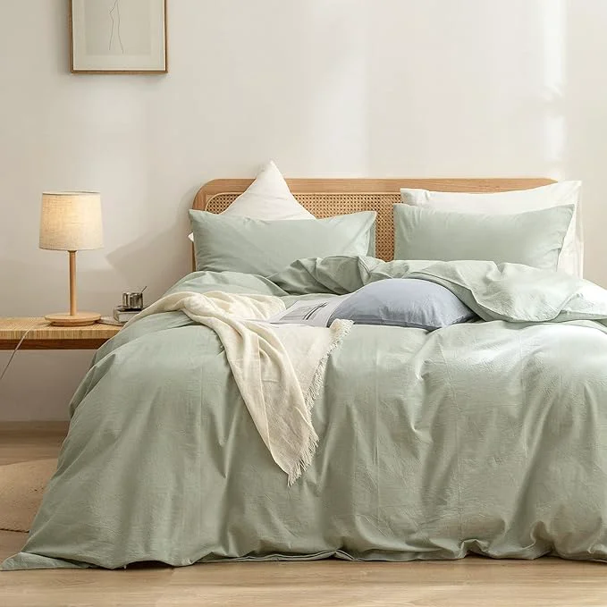 Recyclable OUCH Duvet Cover Set Washed Cotton Linen Feel Super Soft Comfortable Chic Lightweight 3 PCs Home Bedding Set Solid Sage Green Cal King Official