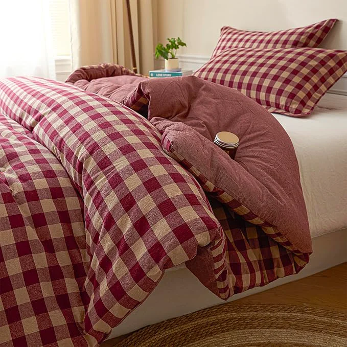 Casual Cyusri Cotton Plaid Full Comforter Set - Soft Lightweight Bedding 3 Pieces Dyed Bed Set with 2 Pillow Shams Reversible All Season Farmhouse Down Full Size 80 quot x90 quot Retro Red Optimized