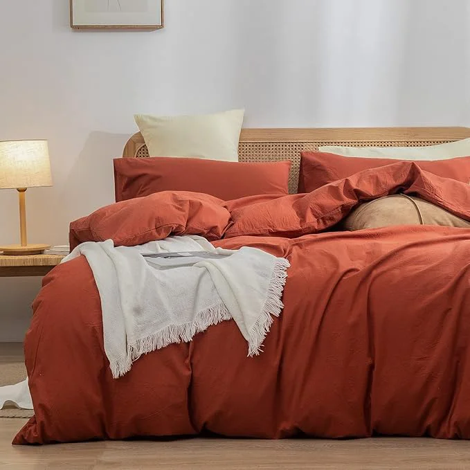 Trusted OUCH Duvet Cover Set Washed Cotton Linen Feel Super Soft Comfortable Chic Lightweight 3 PCs Home Bedding Set Solid Burnt Brick Red Queen Recyclable