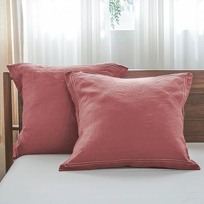 Pure Simple amp Opulence French Linen Euro Shams with Embroidery 26 39 39 x 26 39 39 - Pack of 2 - Pre Washed Solid Color Natural Flax Soft Breathable - Coral Red High-Quality