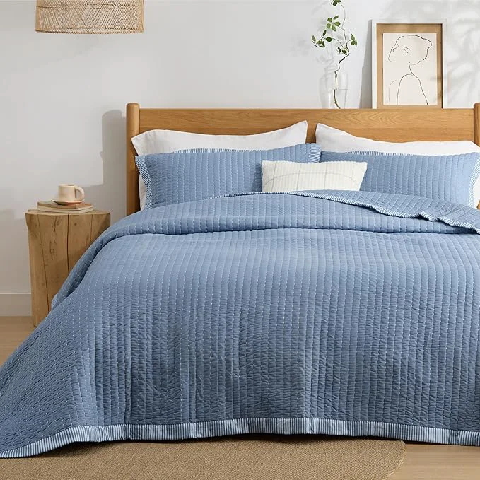 Reusable Bedsure Blue Quilts Queen Size - Queen Quilt Bedding Set Bedspread Coverlet Lightweight Corduroy Pattern Bedspread 3-Piece Set with 90 quot x96 quot Coverlet amp 2 Pillow Shams All-Season Soft Microfiber Reliable