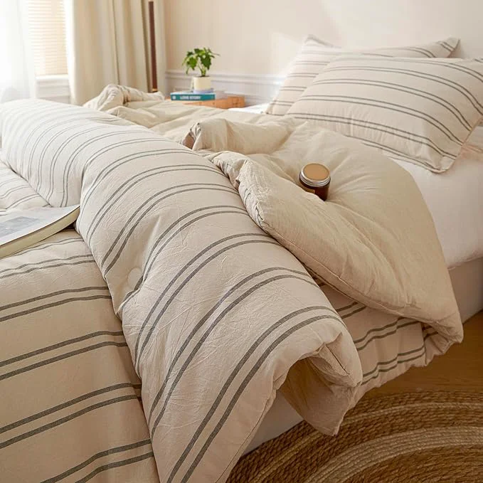 Premium Cyusri Cotton Stripe Queen Comforter Set - Soft Lightweight Bedding 3 Pieces Dyed Bed Set with 2 Pillow Shams Reversible All Season Farmhouse Down Queen Size 90 quot x90 quot Beige Long-Lasting