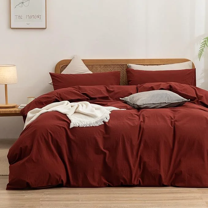 Flexible OUCH Duvet Cover Set Washed Cotton Linen Feel Super Soft Comfortable Chic Lightweight 3 PCs Home Bedding Set Solid Fired Brick Red Queen Refined