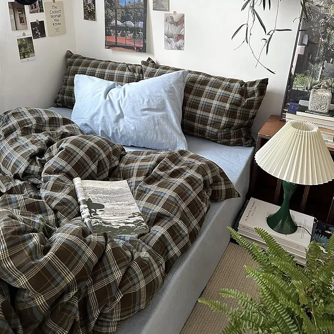 Fast MKXI Queen Size Blue Brown amp Green Buffalo Plaid Duvet Cover Set - 3 Piece Vintage Aesthetic Bedding Set Washed Cotton Minimalist Design Soft amp Breathable Duvet Cover with Zipper Closure Natural