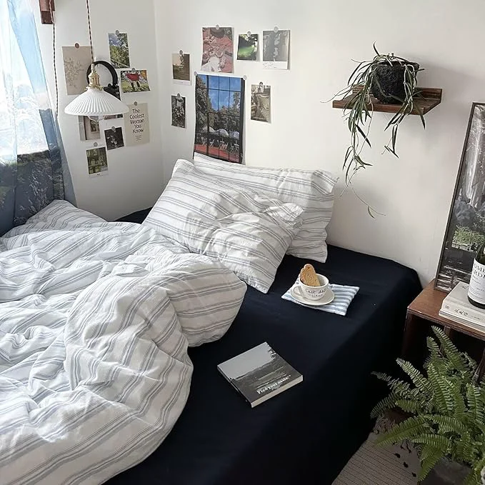 Top-Quality MKXI King Size Duvet Cover Set - Washed Cotton Blue amp White Striped Bedding Soft amp Breathable 3-Piece Set with Zipper Closure amp Corner Ties Modern Coastal Vintage Style Durable
