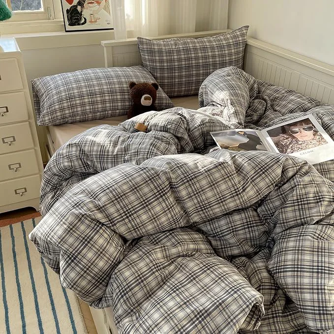 Reliable MKXI Twin Modern Plaid Duvet Cover Set 3 Piece - Deep Navy Washed Cotton Bedding Modern Farmhouse Check Design Breathable amp Vintage Linen Like Bedding Set with Zipper Closure Easy-to-Use